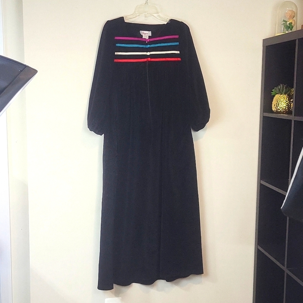 Vtg ELEGANT Paris New York Back Velour Satin Trim Pocket 1/2 Zip Housecoat Robe